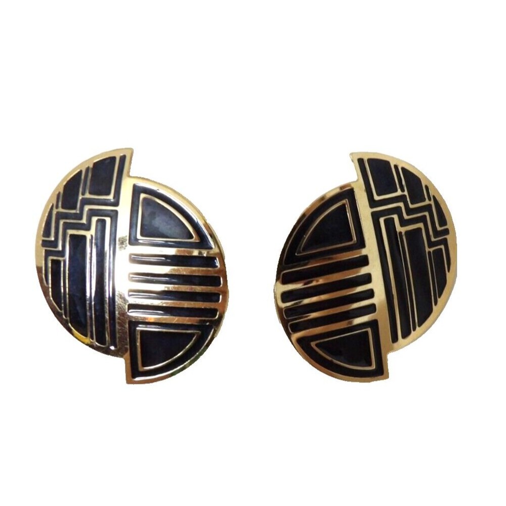 Asymetrical Art Deco Style Gold Tone Black Acrylic Post Back Pierced Earring VTG